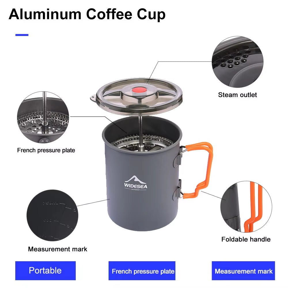 Camping Coffee Pot with French Press Outdoor Cup Mug Cookware for Hiking Trekking