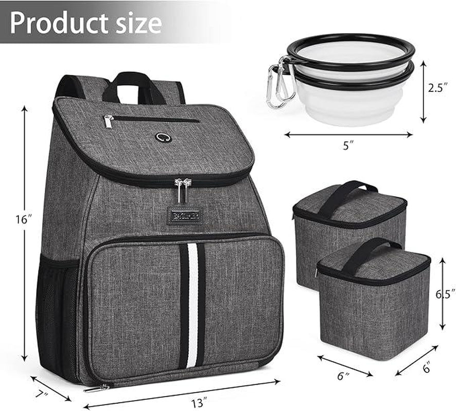 Baglherdog Travel Bag, Airline Approved Pet Supplies Backpack, Dog Travel Backpack Accessories Set with 2 Silicone Collapsible Bowls and 2 Food Baskets, Gray